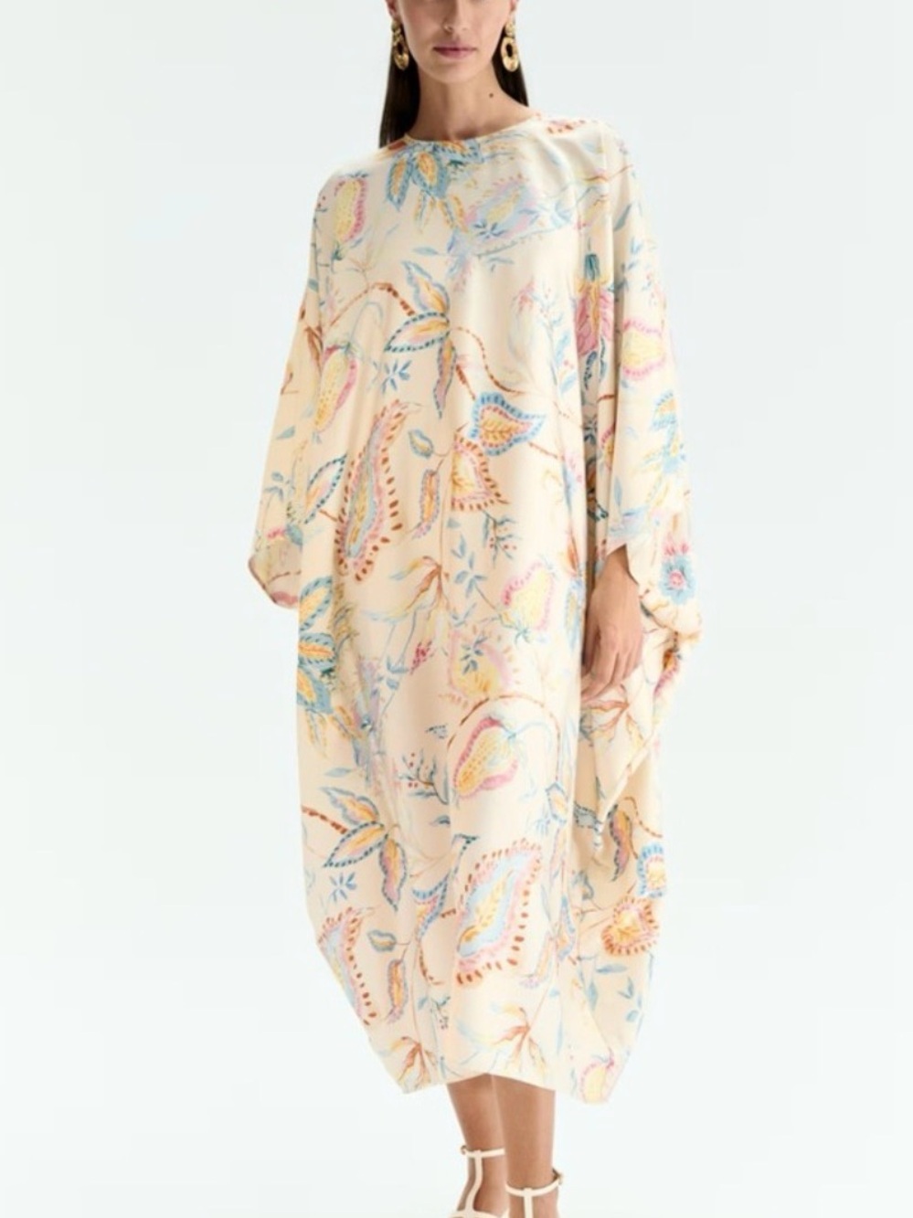 H&M Cream Floral Silk Kaftan with Pastel Blue and Pink Accents